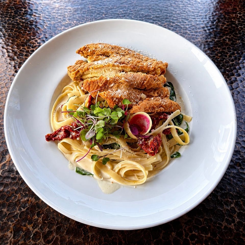 Crispy chicken over fettuccine alfredo with sun-dried tomatoes and microgreens in a white bowl.